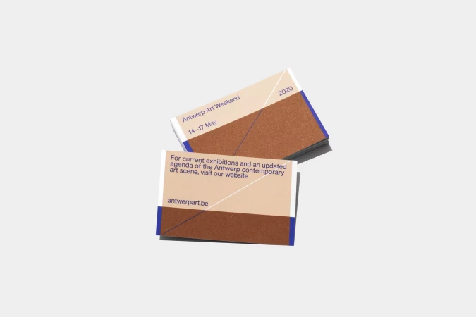 Promotional material for Antwerp Art Weekend 2020 featuring graphic design, event dates, and website address, set against a neutral backdrop.