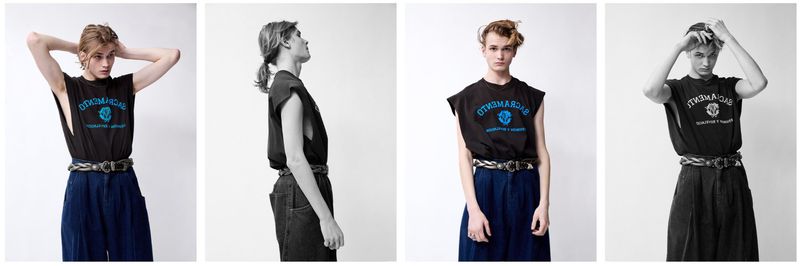 Four images show a young adult in a black sleeveless shirt with blue lettering and wide-leg blue pants against a white background.