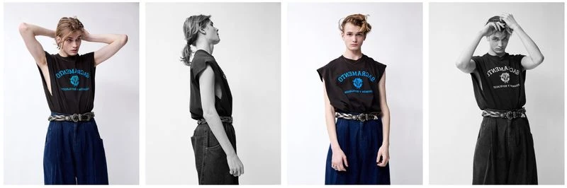 Four images show a young adult in a black sleeveless shirt with blue lettering and wide-leg blue pants against a white background.