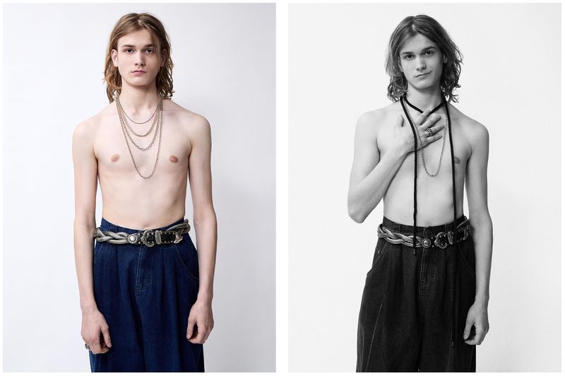 Split image: a slender male model with long hair poses with layered necklaces, wearing wide-legged jeans and a braided belt, on white.