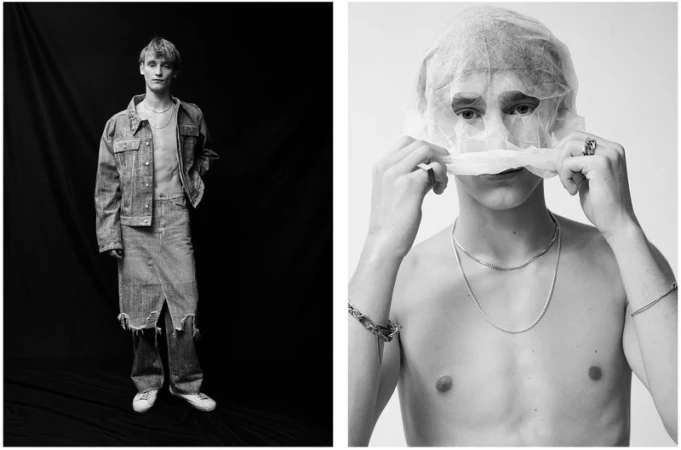Monochrome portrait of a young adult male, wearing a denim jacket and skirt, and a close-up of a male with facial covering.