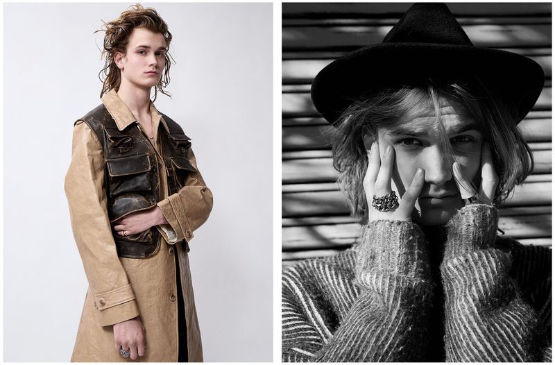 Dual portrait of a young adult man in stylish clothing, one in color with a coat, the other in black and white with a hat.