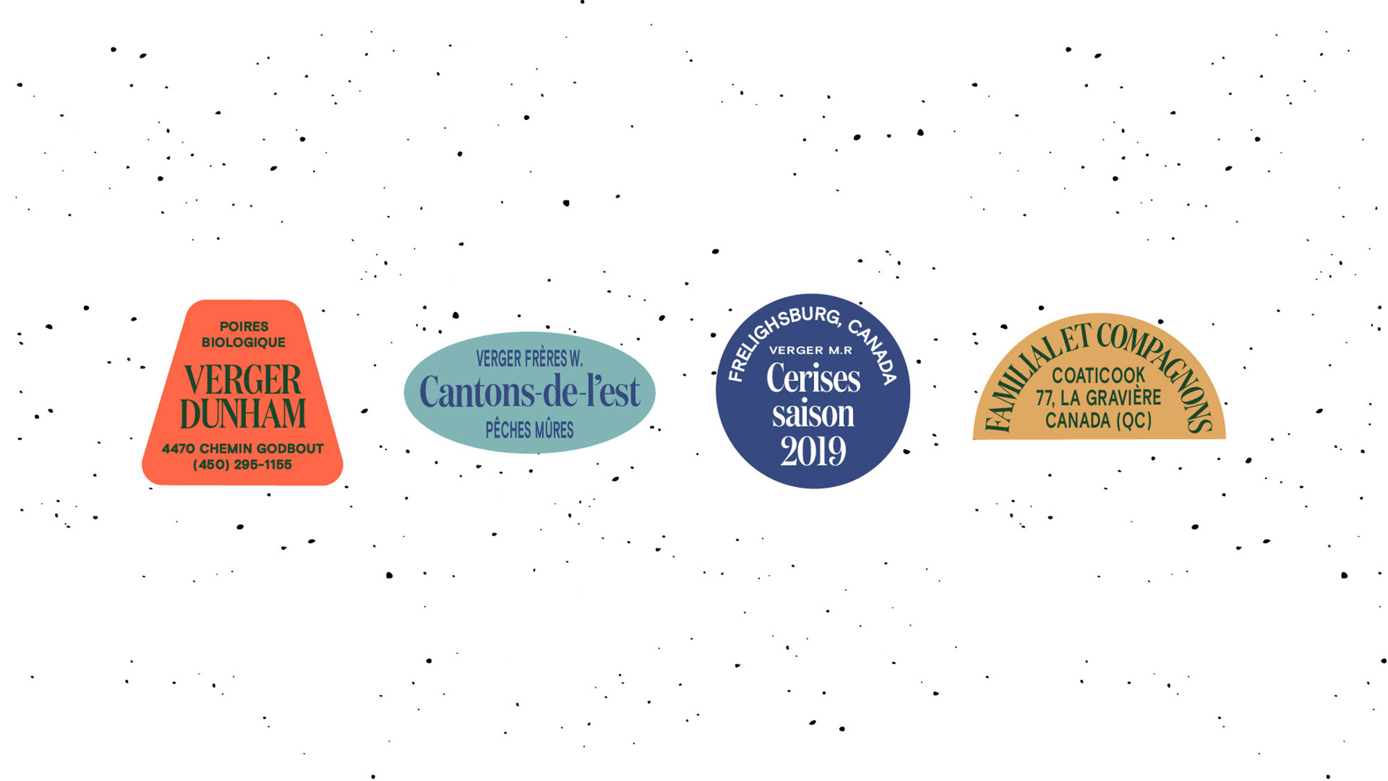 Four fruit orchard logos: Verger Dunham, Cantons-de-l'est, Cerises Saison 2019, Familial et Compagnons against a white and grey speckled background.