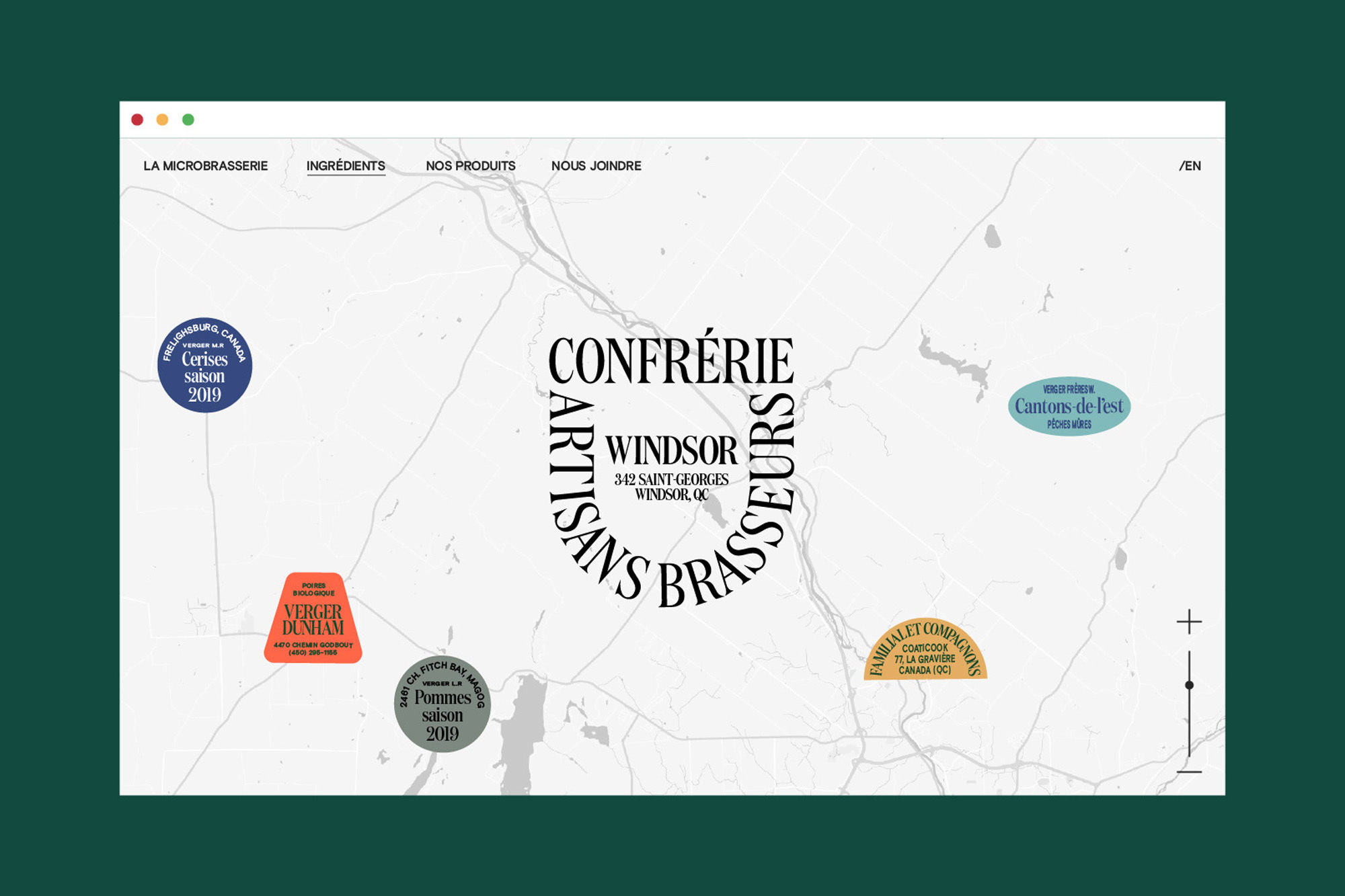 Website interface for Confrérie Windsor, a Quebec-based microbrewery, showcasing a minimalist design with location-based product labels.