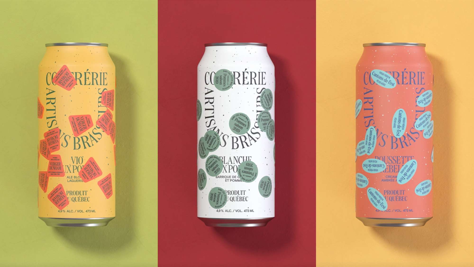 Three aluminum cans featuring colorful beverage branding, each on a separate colored background, creating a vibrant product display.