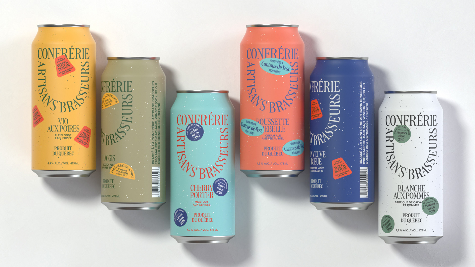 A variety of colourful 'Confrérie Artisans Brasseurs' canned beverages in different flavour profiles are arranged against a white backdrop.