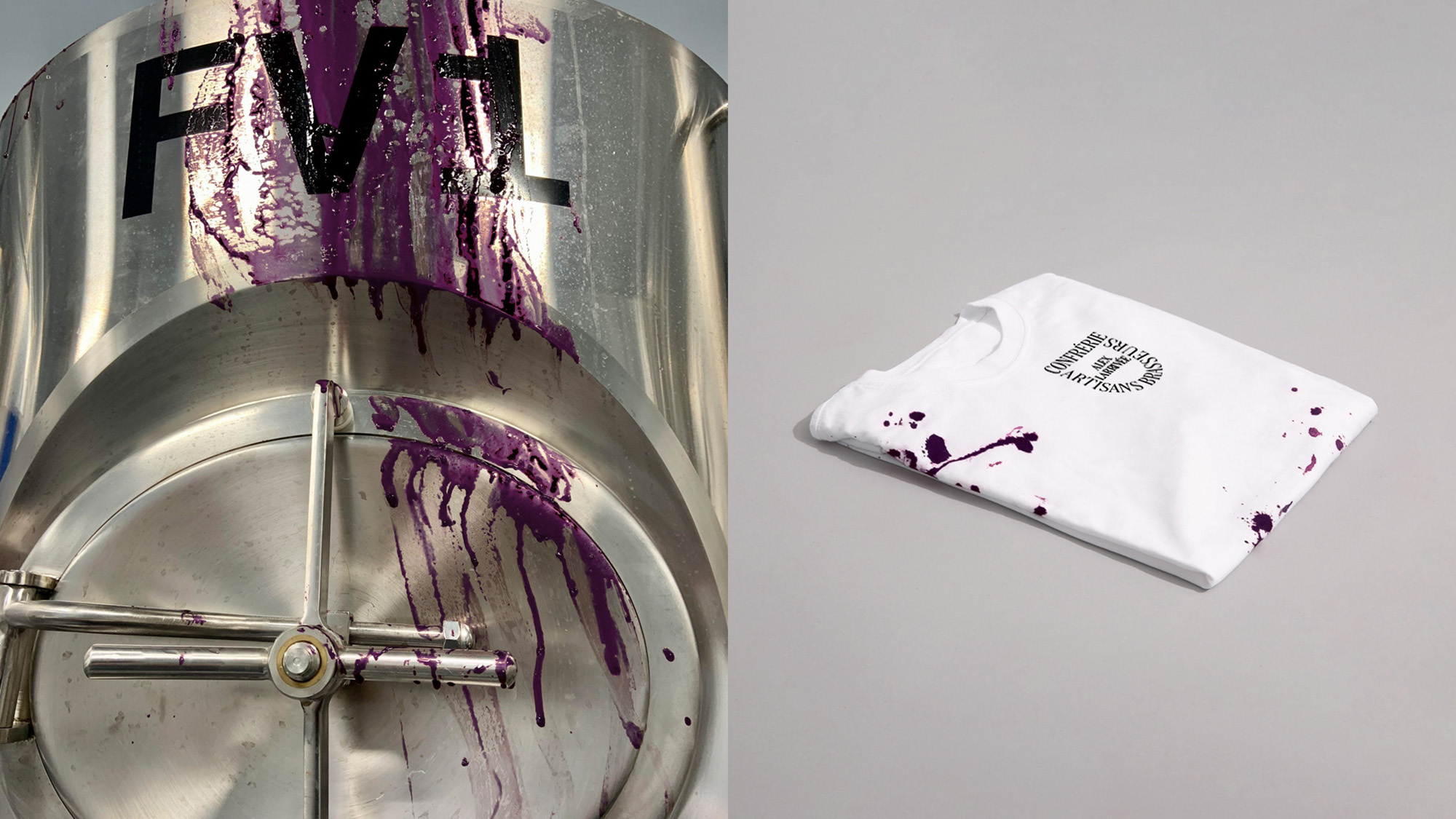 A white t-shirt and a stainless steel brewing tank with purple stains are featured in a minimalist studio product shot.