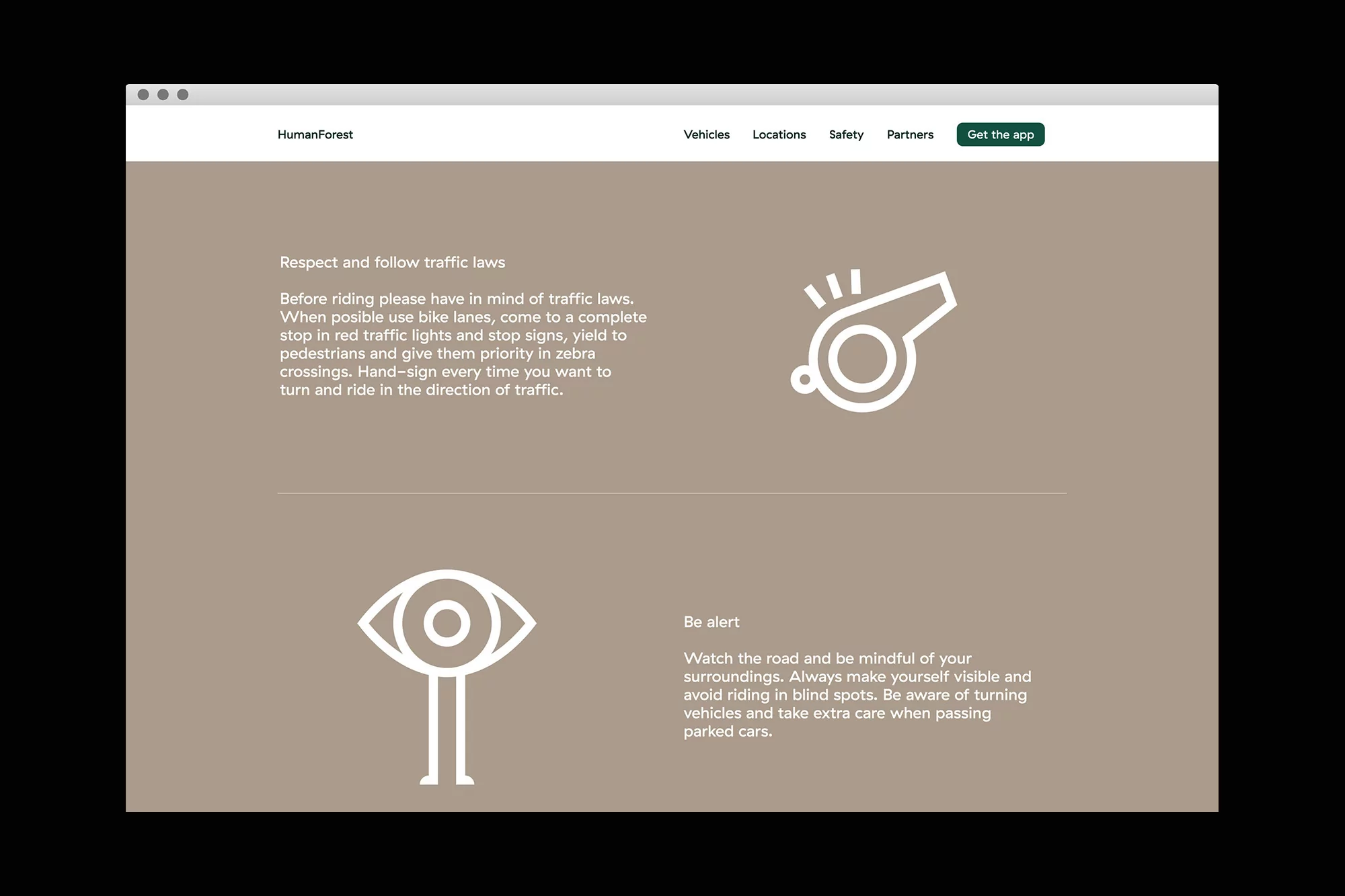 Informational webpage with traffic safety advice and instructions, featuring icons of a whistle and an eye, designed with a tan and white color palette.