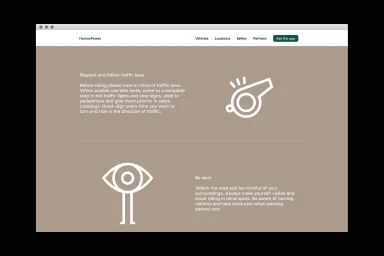 HumanForest brand website layout displaying traffic safety guidelines with minimalist white icons on a taupe background.