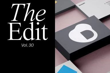 Durasein brand identity business cards displayed beside a black panel with white typography reading The Edit Vol. 30