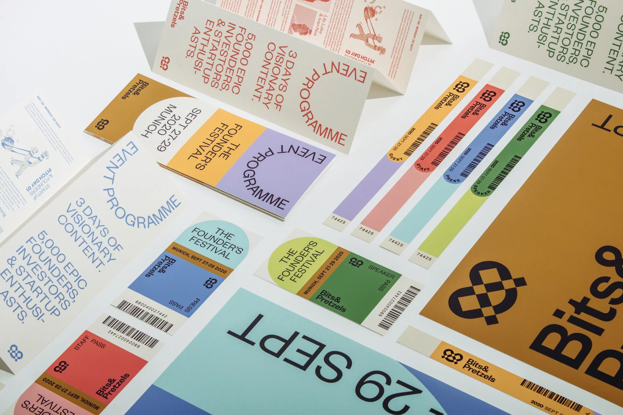 Promotional materials for the Bits & Pretzels Founders Festival 2020, including wristbands, passes, and event program inserts with dates.