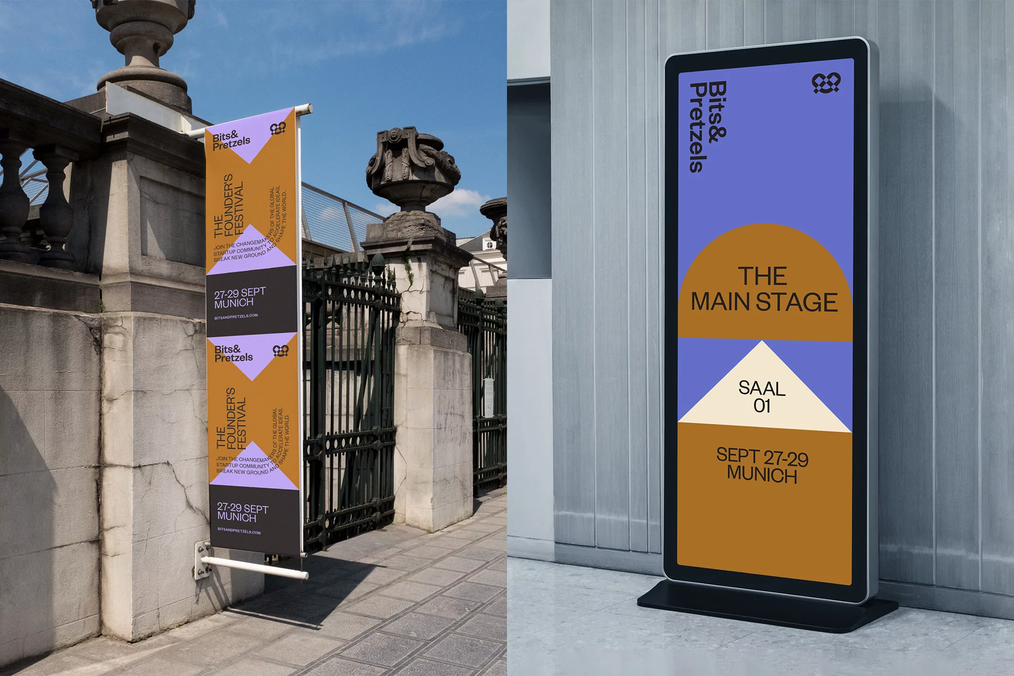 Outdoor advertising display of 'Bits & Pretzels, The Founders Festival, 27-29 Sept Munich' event. Signage in urban environment.