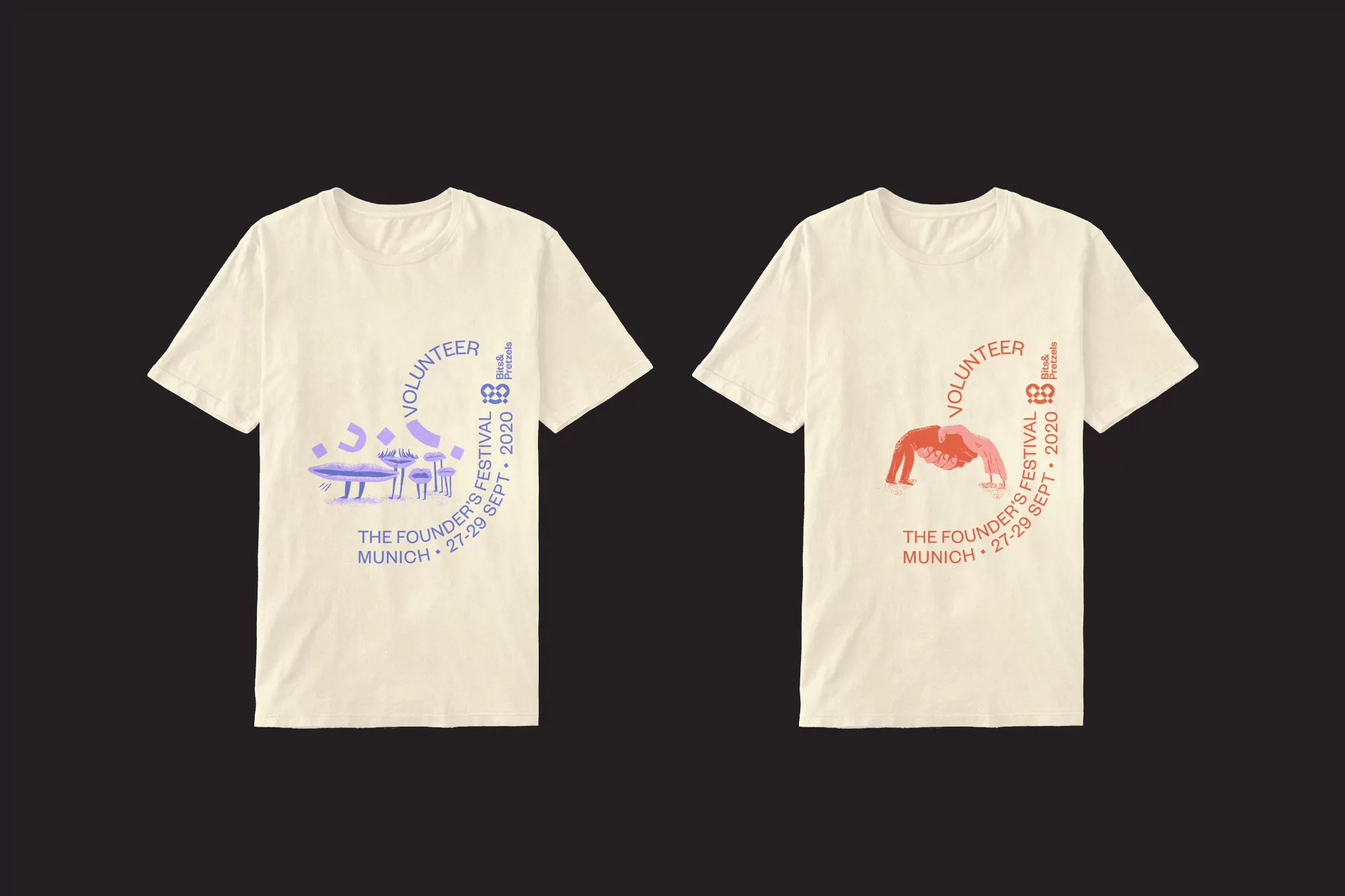 Two ecru t-shirts feature branded graphics for The Founder's Festival in Munich, promoting a volunteer opportunity in red and purple hues.
