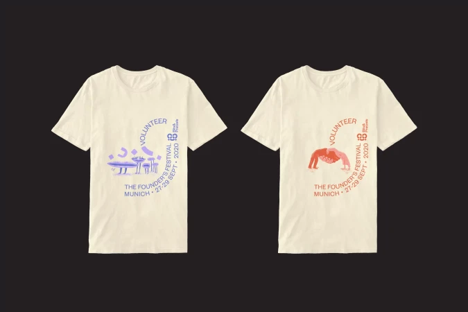 Two ecru t-shirts feature branded graphics for The Founder's Festival in Munich, promoting a volunteer opportunity in red and purple hues.