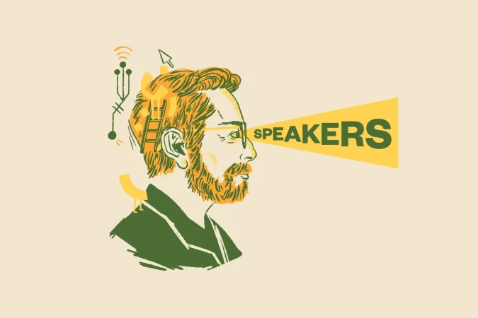 Illustration of a bearded man in profile with glasses, 'speakers' text emanating from his eye, tech and ladder elements in head.
