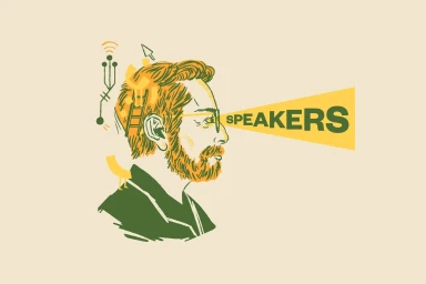 Profile illustration of a bearded man with green and yellow line art featuring the word speakers projected from his glasses.