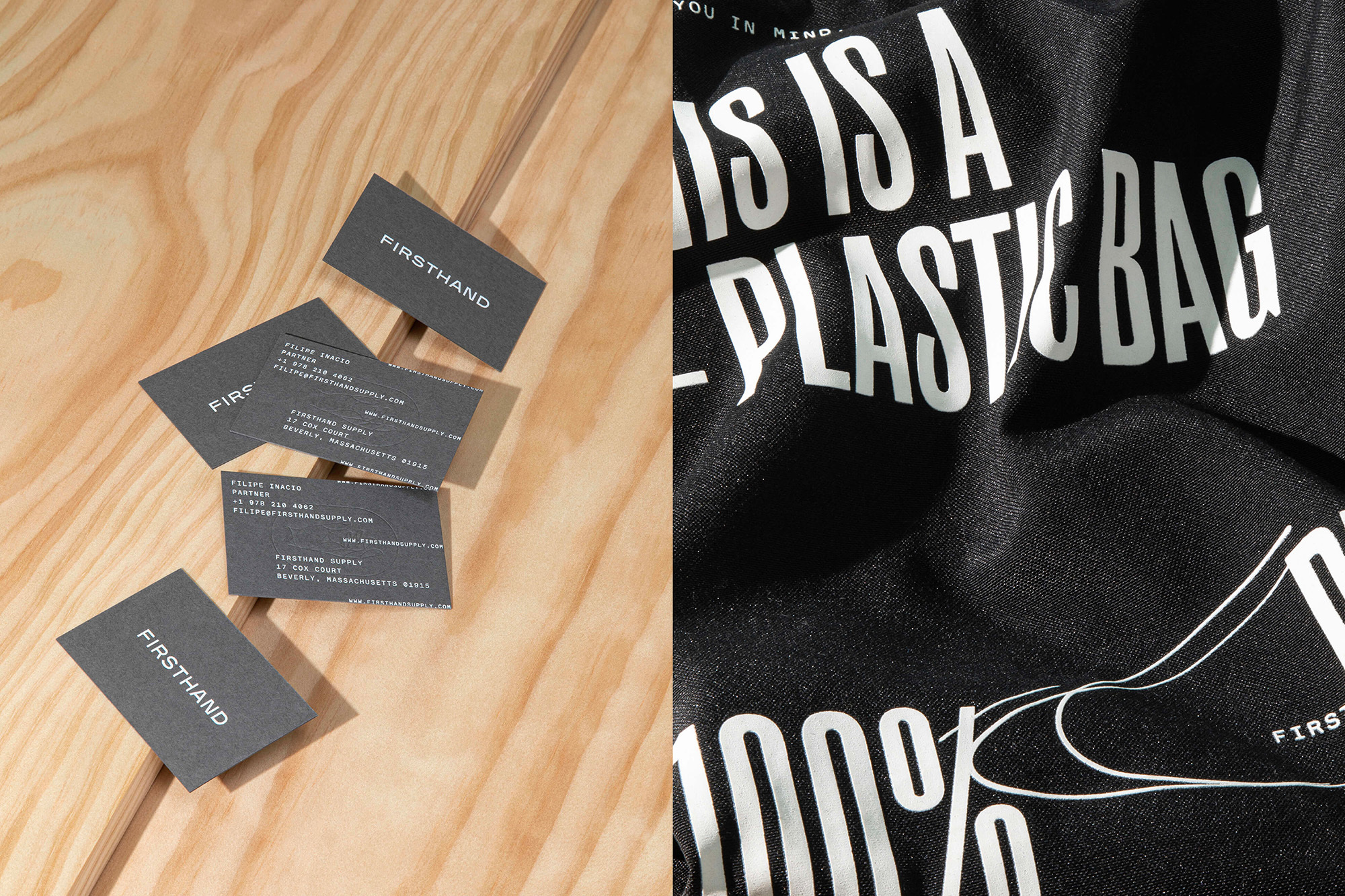 Promotional image for Firsthand Supply, featuring business cards on wood and a tote bag with a slogan: 'This is a plastic bag.'