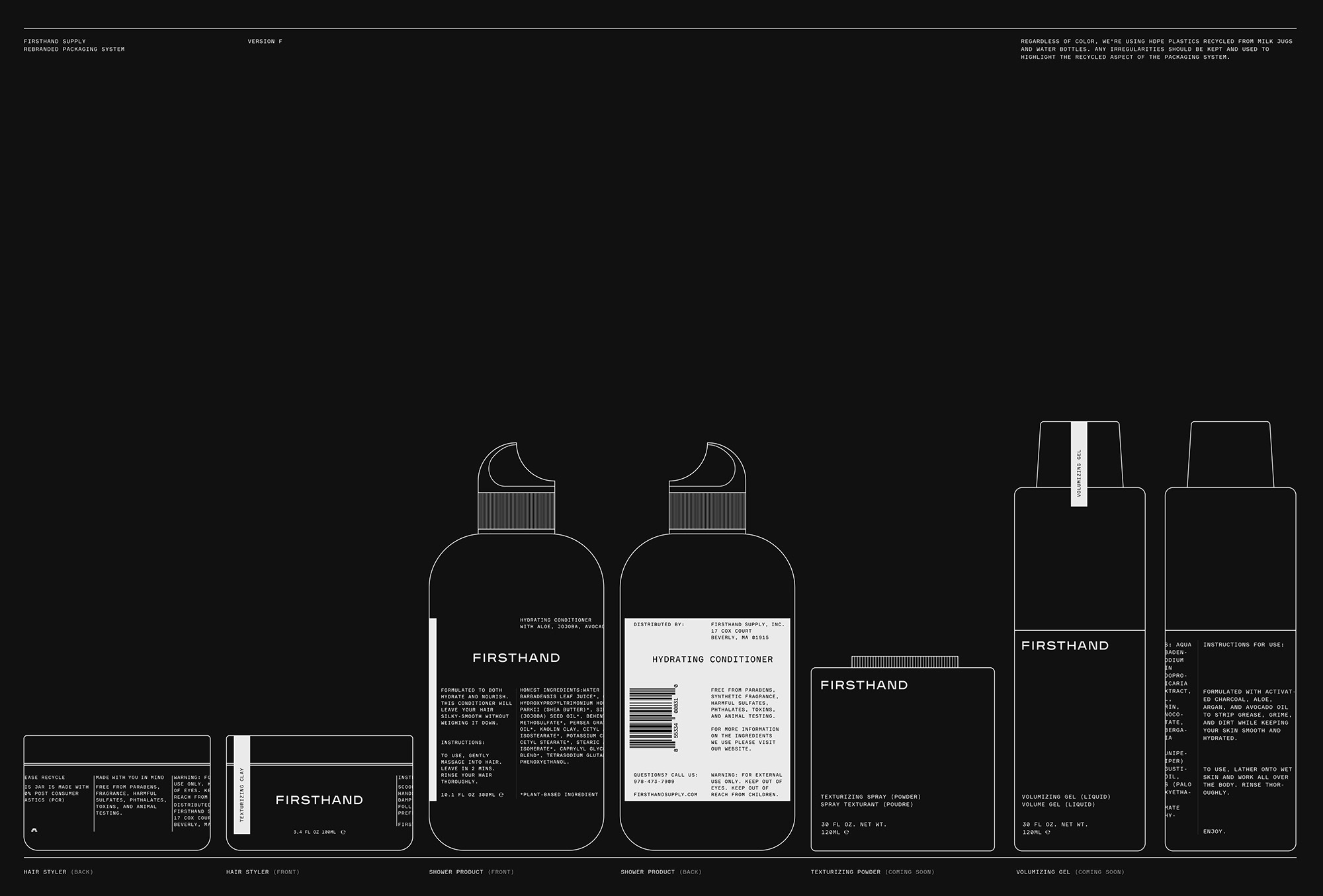 Firsthand brand product line art illustration on black background showcasing hair styling and grooming product packaging.