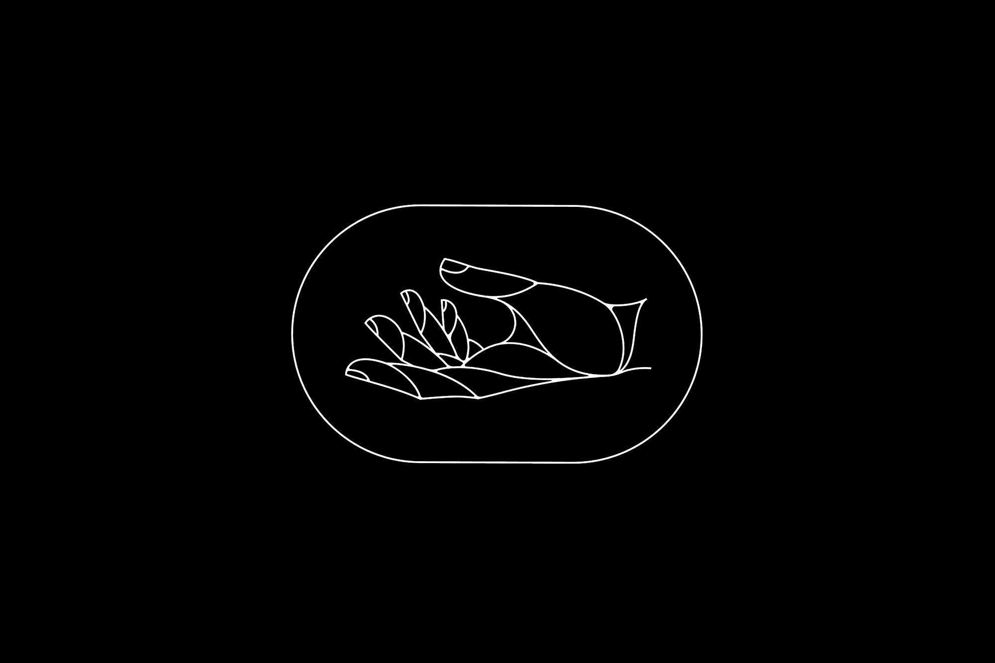 Illustration of a hand in white line art within a rounded rectangle on a black background. Concept art style, hand illustration, minimal.