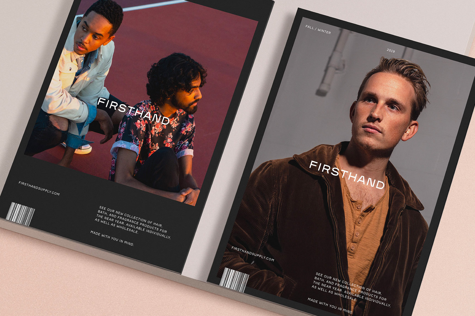 Two fashion magazine covers show young adult men posing and showcasing clothing from the Firsthand Fall/Winter 2029 collection.