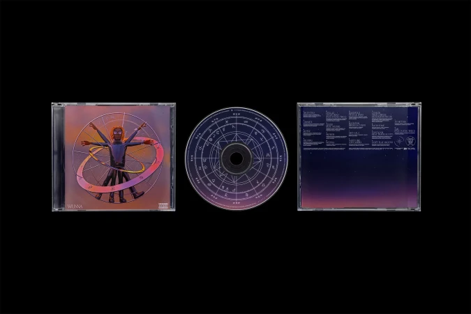 Album art featuring a figure resembling Leonardo da Vinci's Vitruvian Man with cosmic elements against a black background.