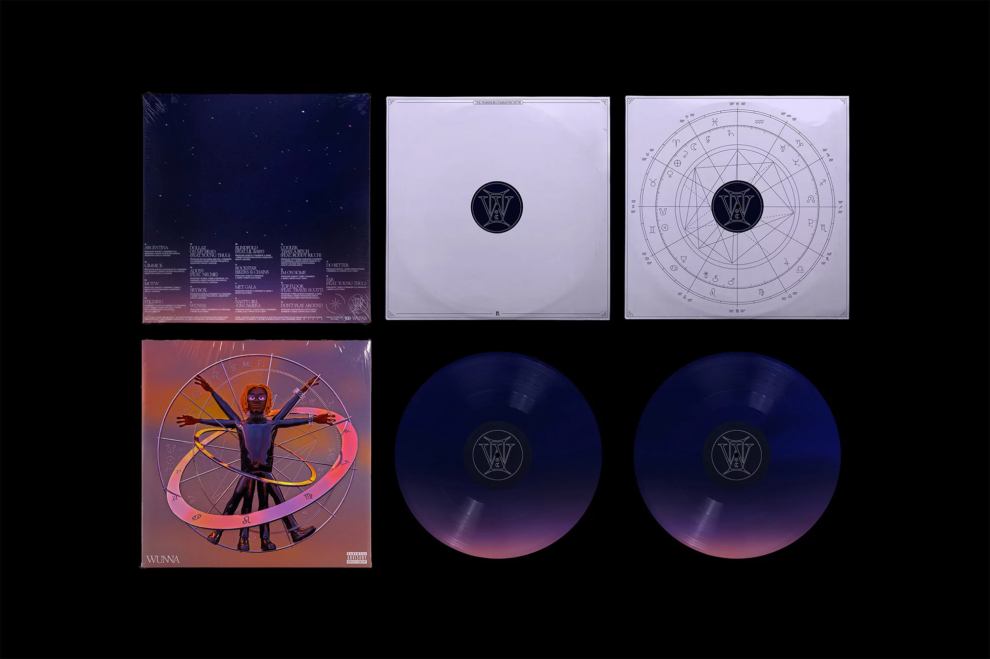 Displayed vinyl record album featuring 'Wunna' and other covers, creating a visually appealing music collection against a black backdrop.