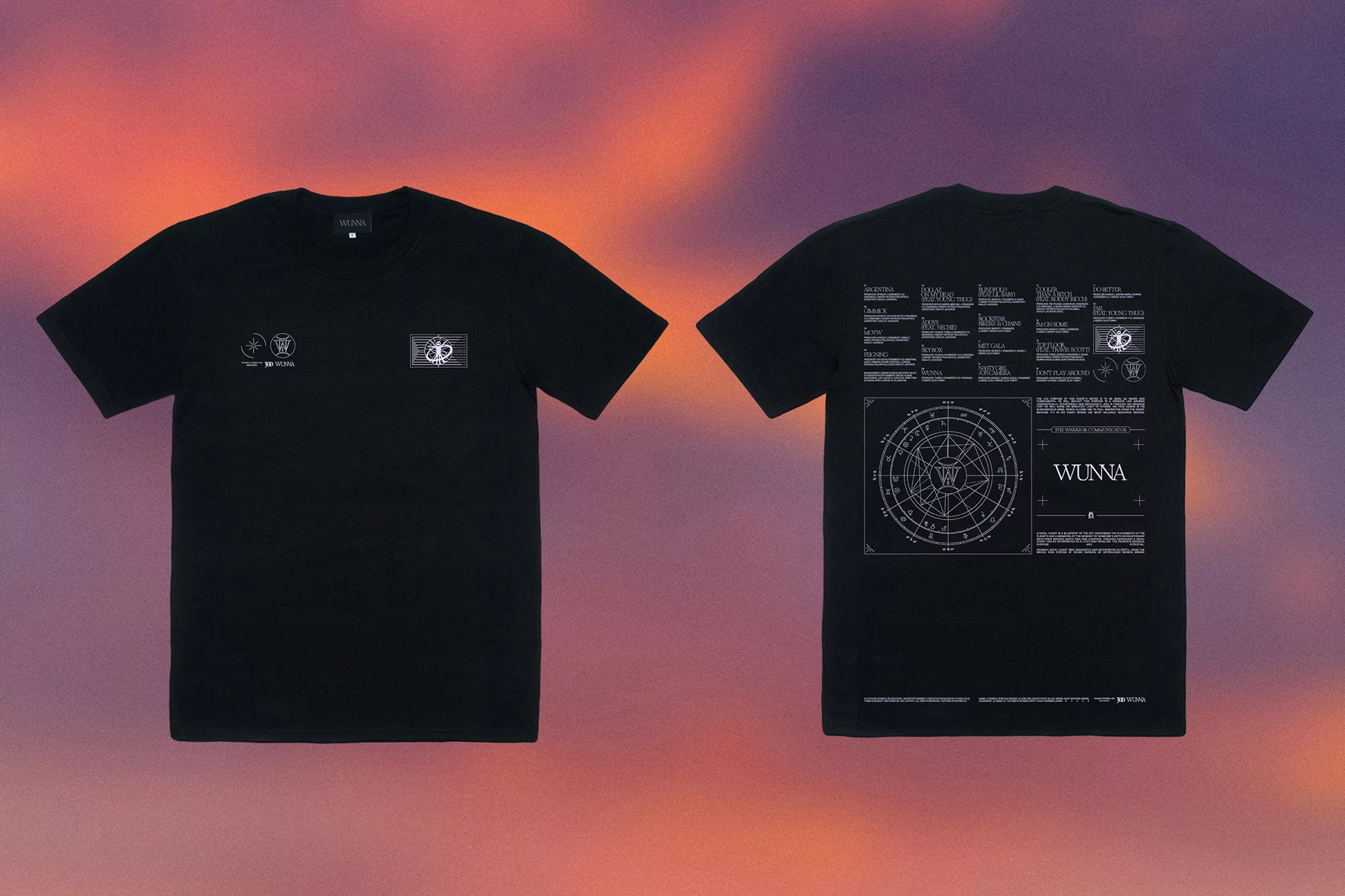 Two black t-shirts displayed against a sunset-colored backdrop. The front shirt features small graphics, while the back shirt has text and designs.