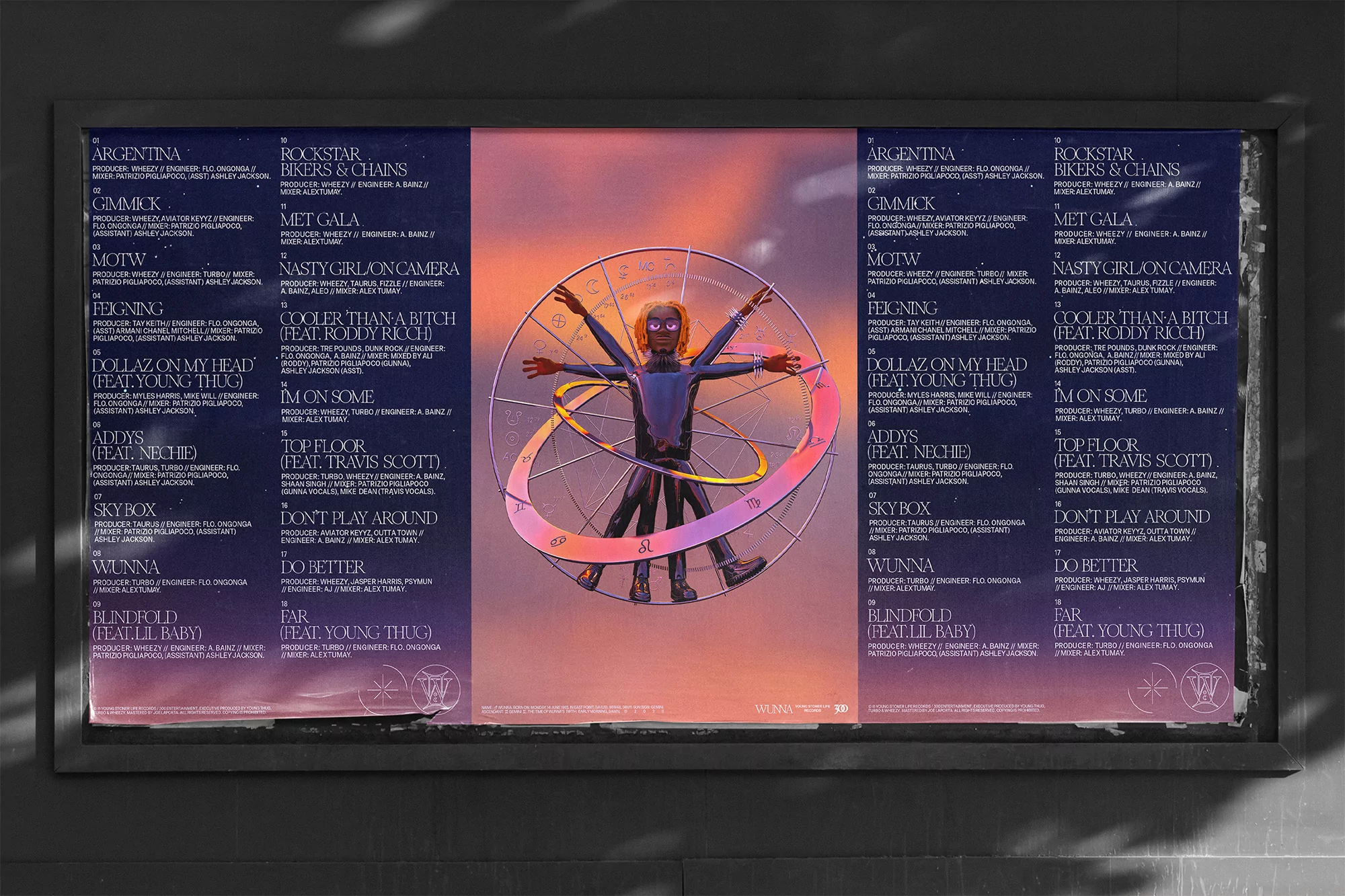 Artwork featuring a stylized 3D rendering of a human figure within a geometric design, integrated into an album cover display.