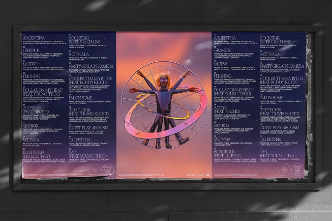 Artwork featuring a stylized 3D rendering of a human figure within a geometric design, integrated into an album cover display.