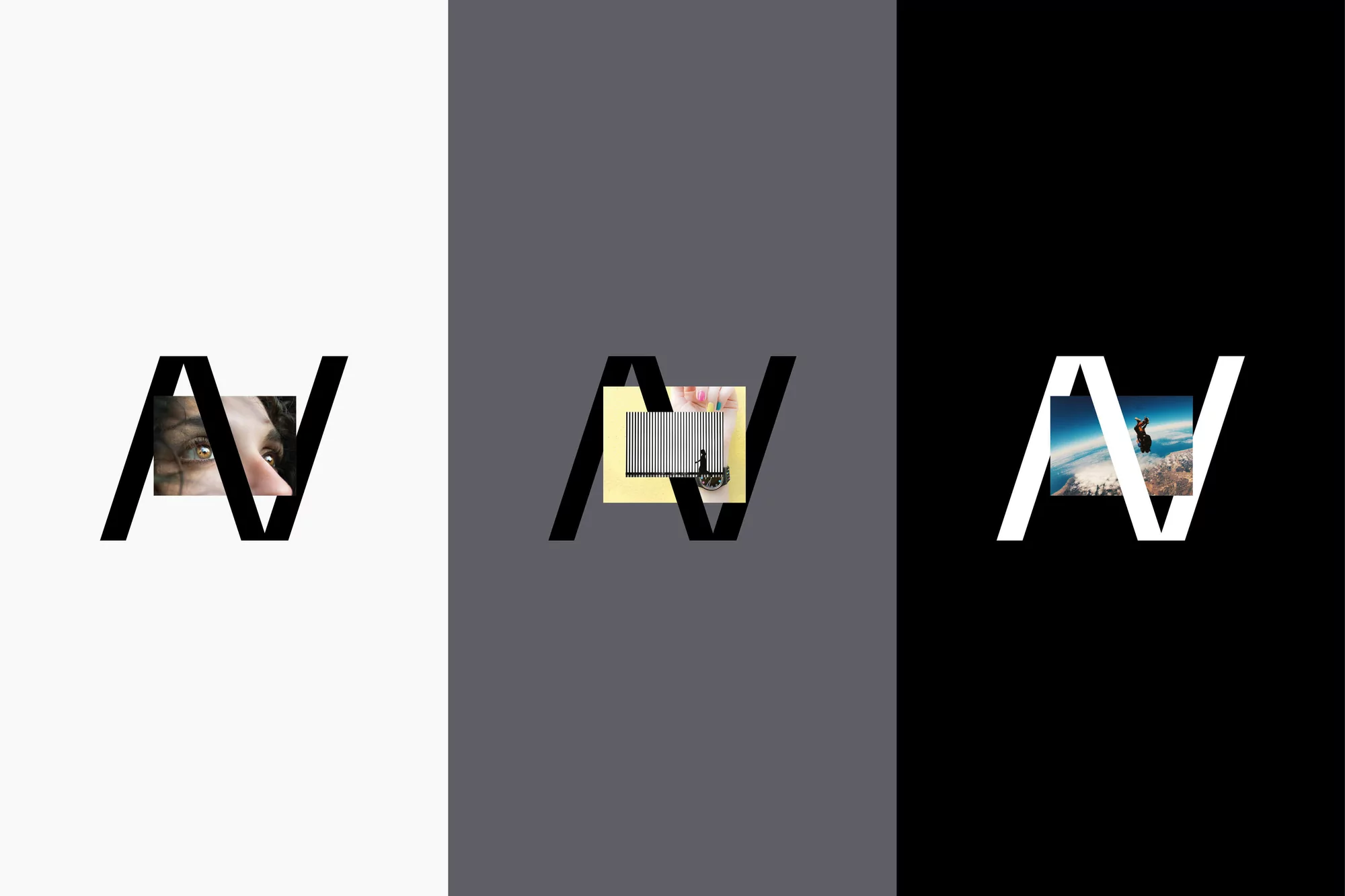 Abstract design featuring eye, beach, and industrial images within letterforms against grayscale backgrounds. Modern visual concept.