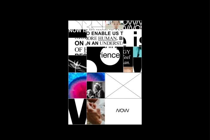 Abstract digital collage with images and text. Features blue, pink, and black color palette, layered graphics and text elements.