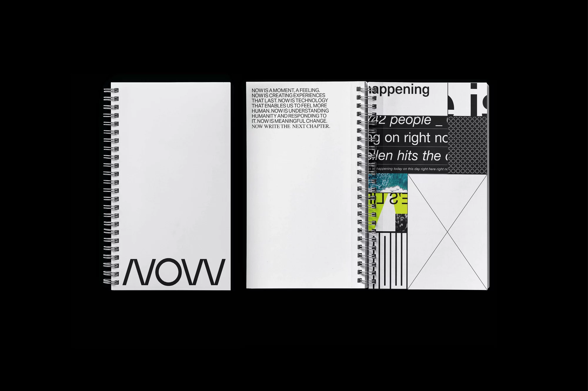 Three spiral-bound notebooks are displayed against a black background. One is closed, one is open with text, and one features a collage.