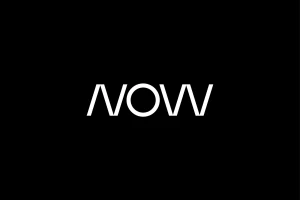 NOW brand logo in white typography centered against a solid black background