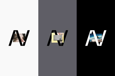 Graphic identity display featuring the letter N monogram enclosing photographic image snippets against three panels.