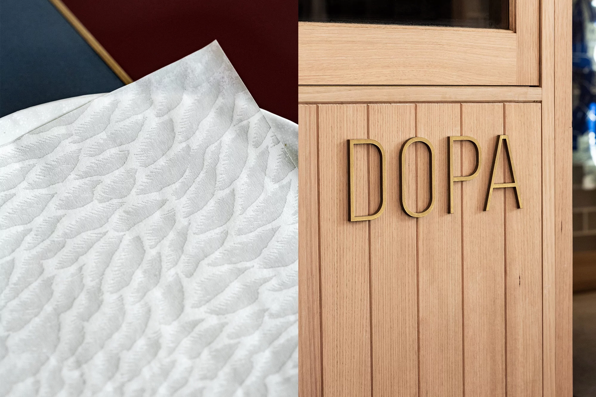 Close-up split image showing a textured white paper sheet and wooden panel with the brass letters DOPA.