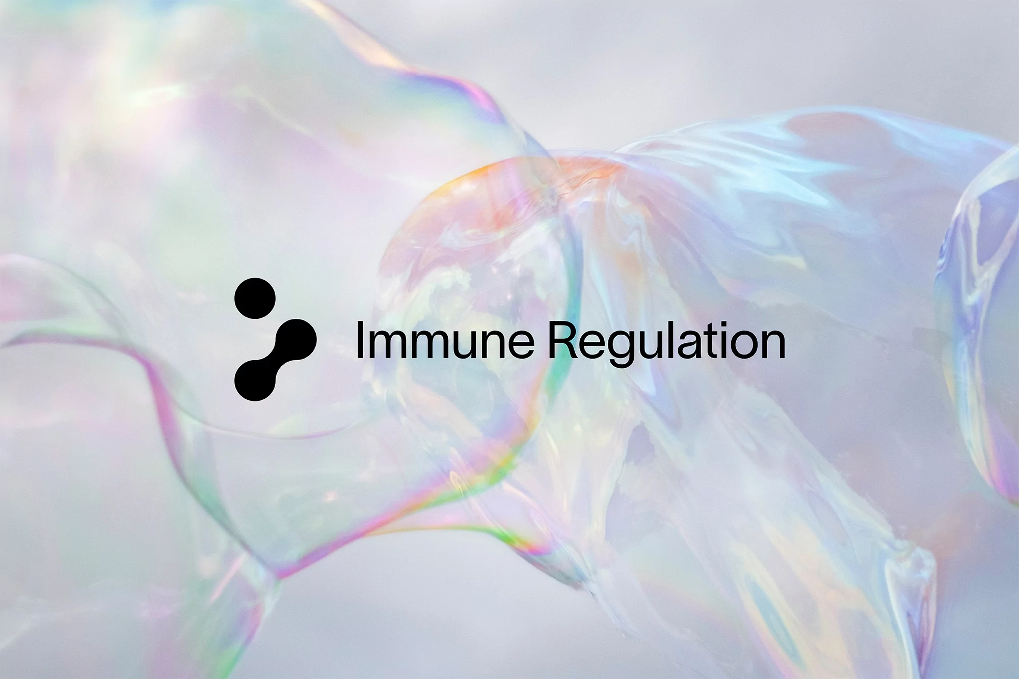 Abstract image with a black logo, the text 'Immune Regulation,' and translucent bubbles featuring a rainbow sheen on a gray background.