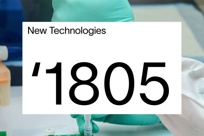 Medical professional in teal gloves conducts research on a white surface with vials, text overlay 'New Technologies '1805'.