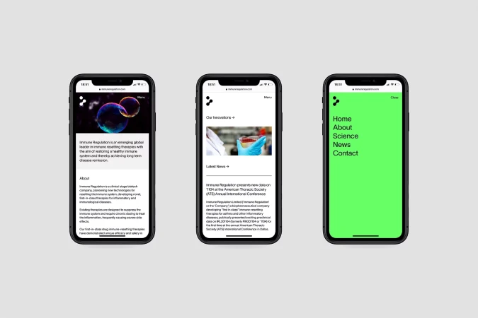 Three smartphones display website interfaces on a gray background, showcasing digital technology and information.