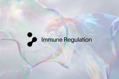 Iridescent soap bubble texture with pastel rainbow sheen and the Immune Regulation logo overlay
