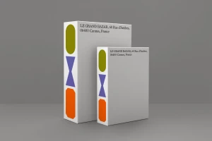 Two white rectangular product boxes featuring geometric graphic shapes and typography against a grey studio backdrop
