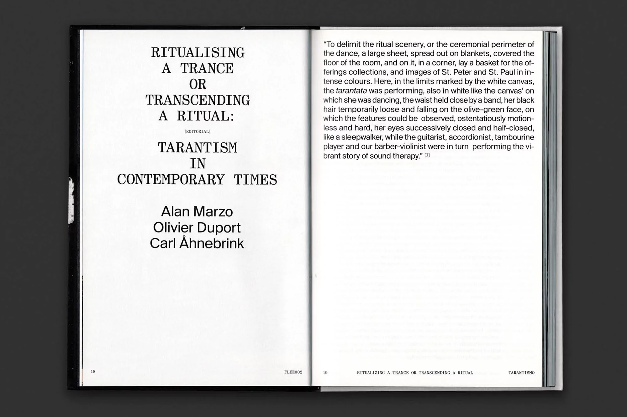 Open book spread with black text on white pages. The left page features a title and names, while the right page has dense paragraph text.