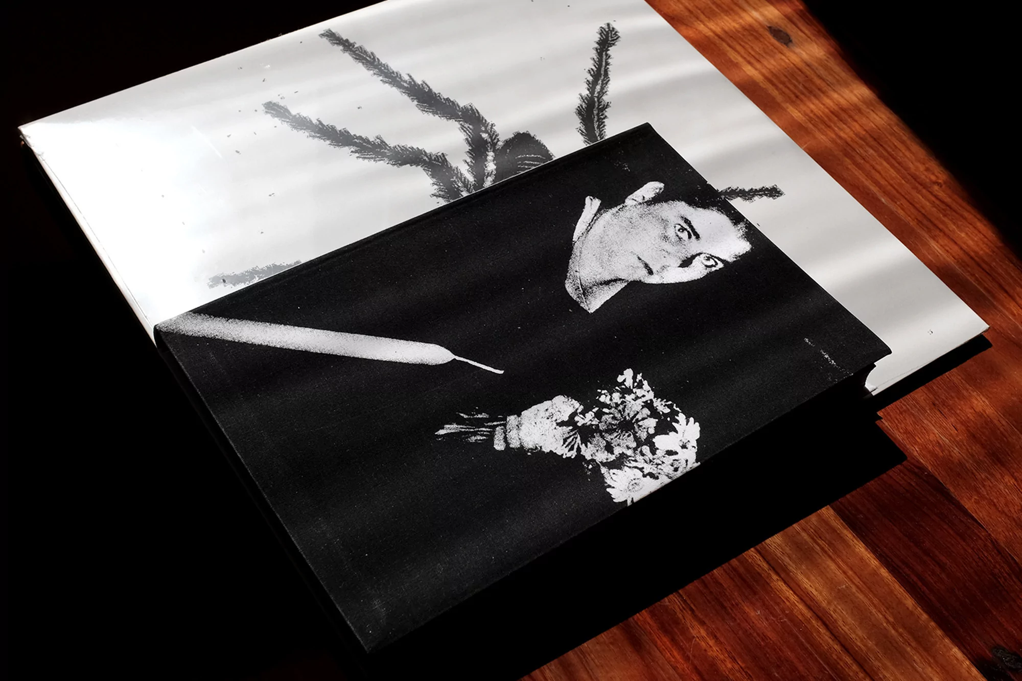 High-contrast image featuring a book with a portrait and flowers, layered over a print of a spider, on a wooden surface.