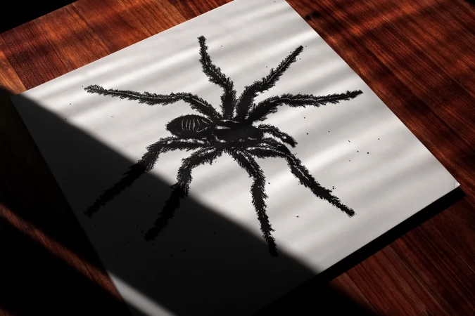 Illustration of a spider displayed on white paper resting on a wood surface with light streaks highlighting the composition's shadows.