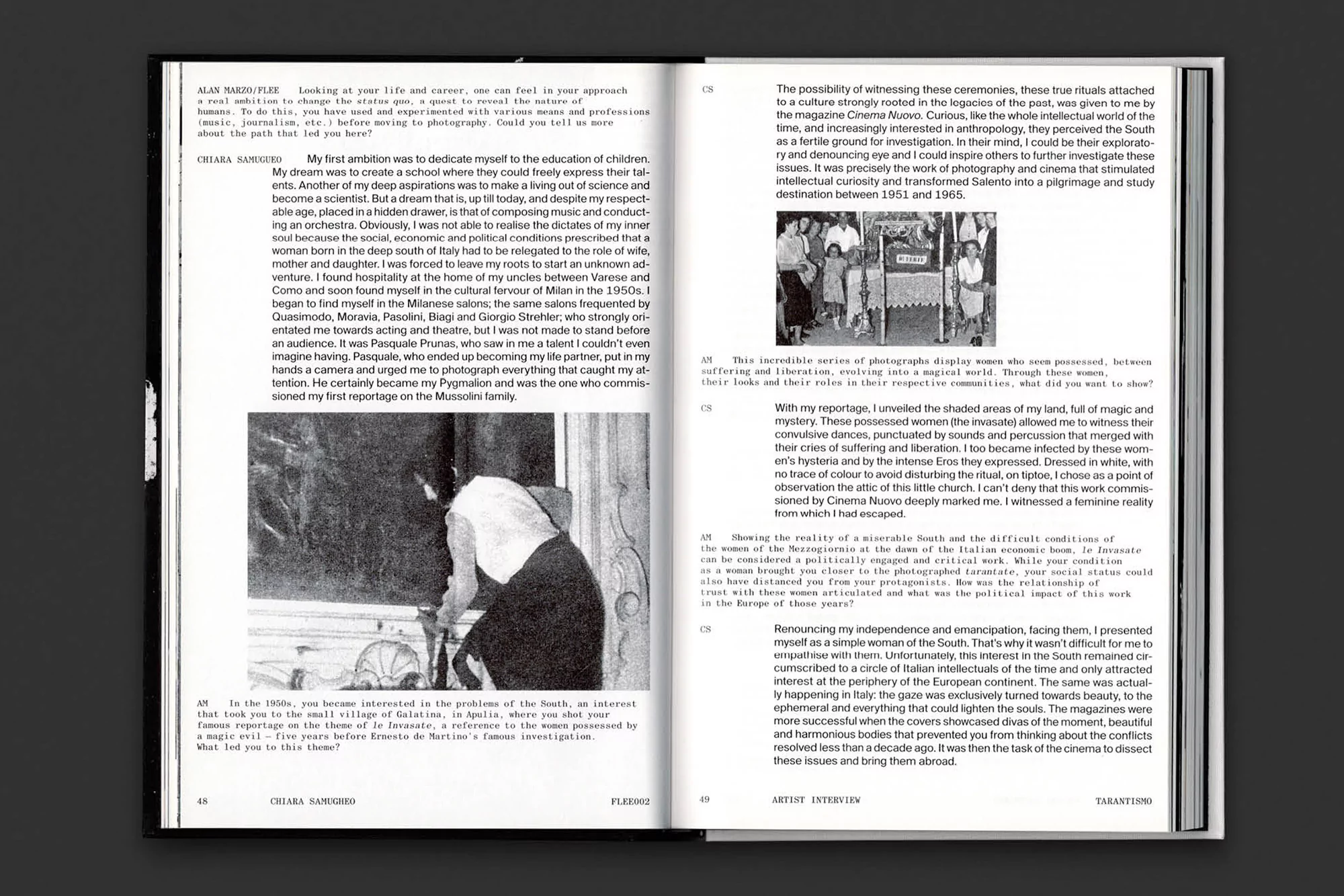 Monochrome image in an open book features text and a photo. A woman in a skirt bends over, near a window, captured in black and white.