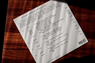 White vinyl record sleeve with typed tracklist resting on a rich dark wood grain table under soft window light casting diagonal shadows.