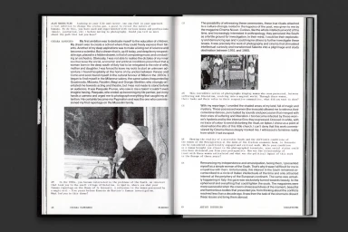 Open book layout featuring printed interview text in columns and two black and white documentary photographs.