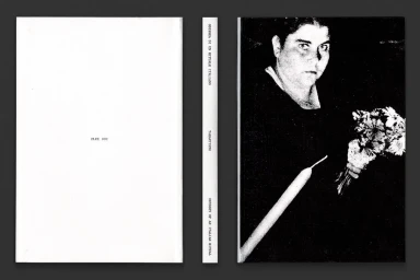 Book cover layout showing a minimal white back cover, spine text, and a high-contrast black and white front cover portrait