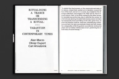 Open book layout with bold editorial typography titled Ritualising a Trance or Transcending a Ritual for Flee brand identity.