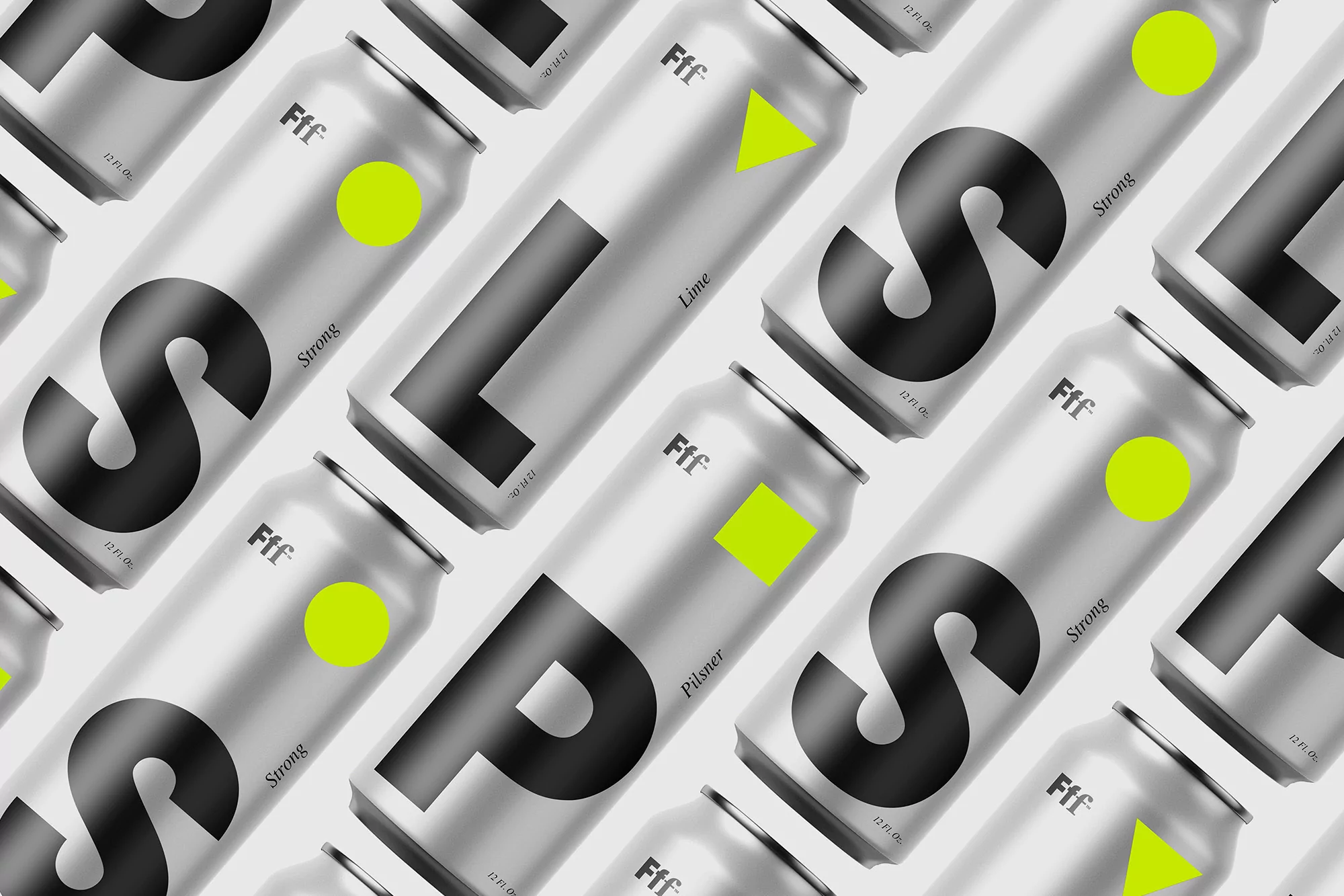 Multiple silver beverage cans diagonally aligned with bold black typography and neon geometric shapes. Minimalist product design.