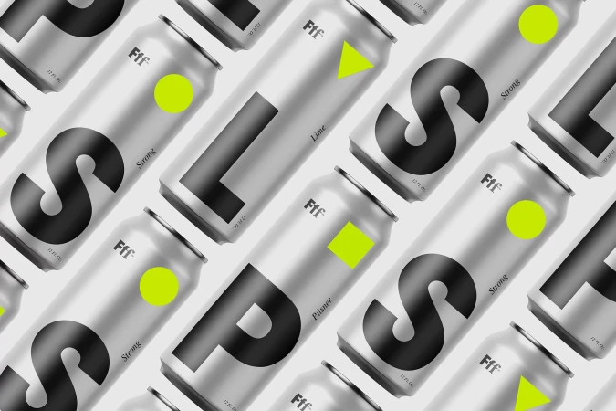 Multiple silver beverage cans diagonally aligned with bold black typography and neon geometric shapes. Minimalist product design.